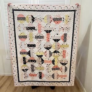 Handmade Cats and Camper Trailers Patchwork Quilt Blanket Pink